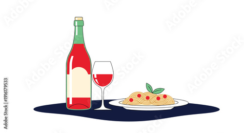 Delicious italian dinner illustration displays a bottle of red wine, a glass, and a plate of spaghetti with tomato sauce.