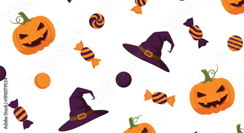 Fun Halloween seamless pattern features smiling pumpkins, purple witch hats, and striped candies on a clean white background.