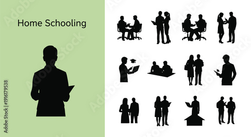 Collection of silhouette icons representing various educational settings and professional interactions emphasizing remote learning concepts like homeschooling and guidance