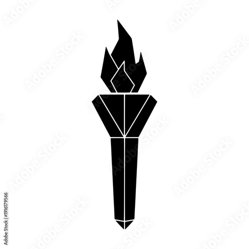 Minimalist black silhouette illustration of a flaming torch in a geometric origami style. Ideal for logos, icons, and achievement-themed designs.