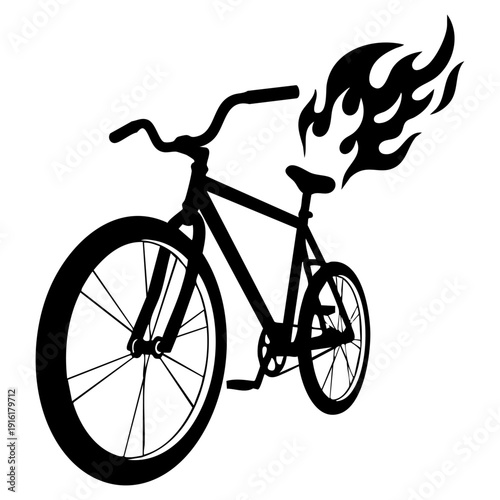 Minimalist black bicycle silhouette with decorative flame graphic isolated