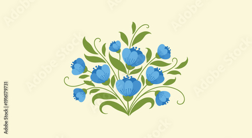 A beautiful illustration of a cluster of blue flowers with green leaves and decorative scrolls, centered on a light cream background.