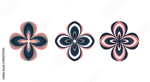 Three abstract four-petal floral designs with layered patterns in navy blue, grey, and dusty pink on a white background, suitable for decorative art.