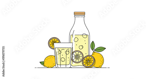 Refreshing lemonade illustration features a glass, a glass bottle, and several whole and sliced lemons with green leaves.