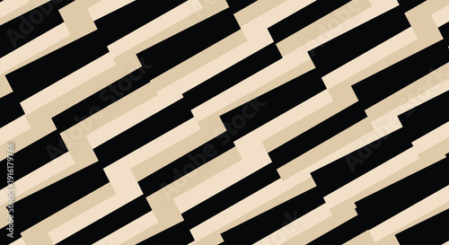 Abstract geometric pattern with alternating black and beige diagonal stripes forming a dynamic, stepped, and layered design.