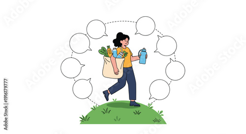 Young woman walking on a green hill carrying a bag of groceries and a water bottle with empty speech bubbles around her.
