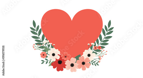 Large red heart silhouette decorated with a vibrant floral bouquet of pink and white flowers with green leaves at the bottom of the shape.