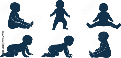 Baby Silhouette Set with Infant Crawling Sitting and Standing Poses for Child Development Parenting Nursery Design and Newborn Care Concepts