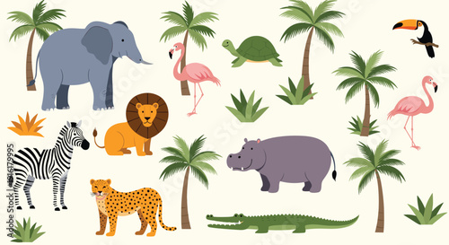 Large set of cute cartoon safari animals including an elephant, lion, zebra, leopard, and hippo among tropical palm trees and plants.