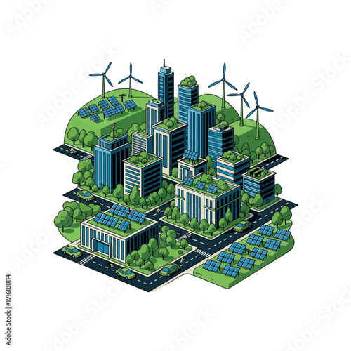 Sustainable City with Green Buildings and Turbines.