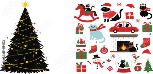 Black Cat Christmas Illustration Set with Decorated Tree Gifts Snow Globe Fireplace and Festive Holiday Elements for Winter Celebration Vector Design