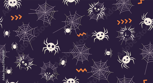 Spooky seamless Halloween pattern with cute white spiders, intricate webs, and orange zigzag lines on a dark purple night sky background.