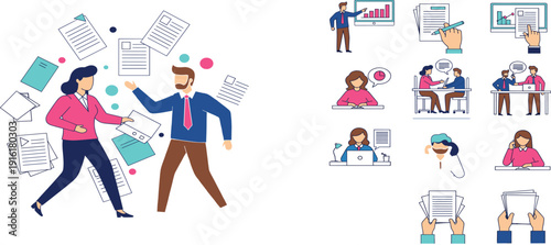 Business Workflow and Office Communication Illustration Set with Teamwork Documents Meeting Analytics and Corporate Productivity Concepts for Professional Design