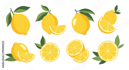 Fresh citrus fruit set featuring whole yellow lemons with green leaves and several halved and sliced pieces isolated on a white background.