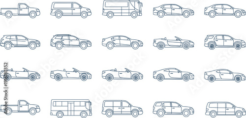 Car and Transport Vehicle Outline Icon Set with Sedan SUV Van Bus and Pickup for Automotive Transportation Delivery and Mobility Design Projects