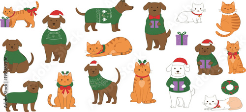 Christmas Dogs and Cats Cartoon Set with Sweaters Santa Hats and Gift Boxes Cute Holiday Pet Characters for Winter Festive Vector Illustration Collection