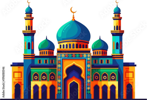 Intricate blue and green islamic temple with decorative archways