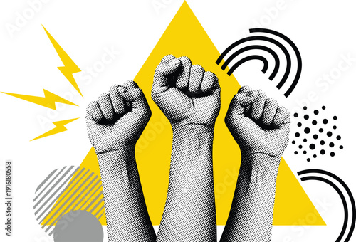 Fists raised against a backdrop of energy and unity symbolizing collective empowerment. isolated on transparent background, Vector