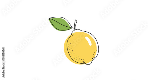 Elegant and minimalist line art illustration of a bright yellow lemon with a green leaf and dotted texture on a solid white background.
