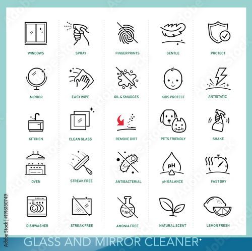 Set icons for window and glass cleaner. The outline icons are well scalable and editable. Contrasting elements are good for different backgrounds. Can be used for cleaning products, chemicals. EPS10.