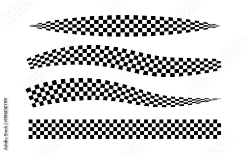 Race flag lines. Black and white checker finish ribbon. Car race grid pattern. Rally border texture. Wavy checker lines. Chess graphic design element. Vector illustration isolated on white background.