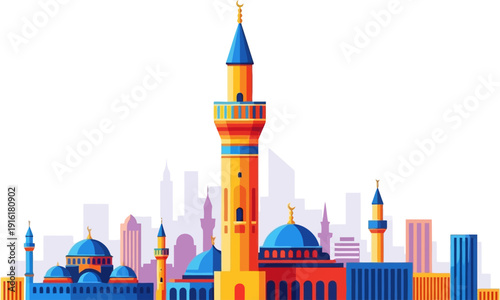 Tall minaret tower rising above a distant city