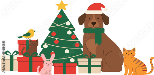 Cute Christmas Dog and Cats with Decorated Tree Gifts and Holiday Pet Characters Festive Winter Animal Scene for Greeting Card Vector Illustration
