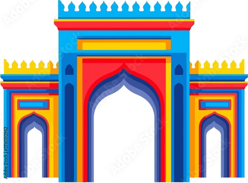 Traditional arched gateway with vibrant red and blue geometric details