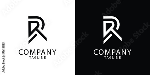 Modern minimalist logo design featuring a capital letter R and supporting text for branding purposes against both light and dark backgrounds suitable