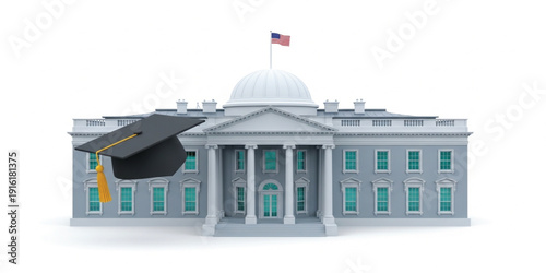Education Policy and Government Scholarship Concept with Graduation Cap and Government Building for Academic Funding and Public Education Design Projects