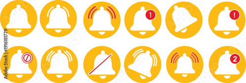 Notification bell icon set. Alarm symbol. Incoming message symbol. Bell for subscribe, alarm and push chat alert. New notification, reminder