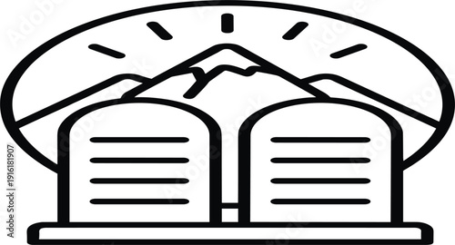 Ten Commandments Stone Tablets with Mountain and Sun Religious Line Icon Vector Illustration for Faith, Spirituality, Biblical Symbols, and Sacred History Designs