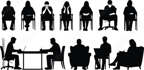 People Sitting Silhouette Set with Office Workers Students and Waiting Poses for Business Meeting Interview Work and Lifestyle Design Projects