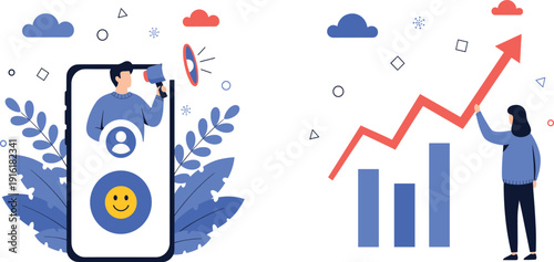 Social Media Growth and Digital Marketing Illustration with Smartphone Promotion Analytics Chart and Online Audience Engagement Concepts for Business Strategy Design