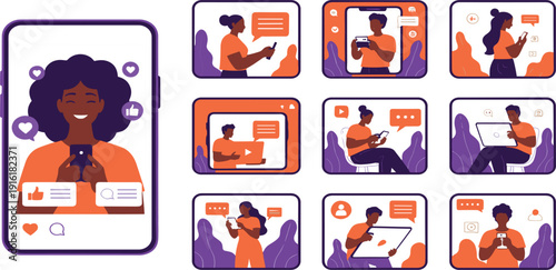Social Media User Interface Illustration Set with People Using Smartphones for Online Chat Content Creation Blogging and Digital Communication Design