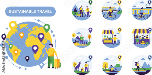 Sustainable Travel Illustration Set with Eco Tourism World Map Nature Transport and Green Lifestyle Journey Concepts for Environment Friendly Design