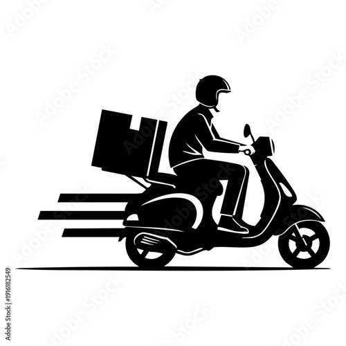 Fast delivery service courier on motor scooter carrying cardboard box package for commercial logistics shipping