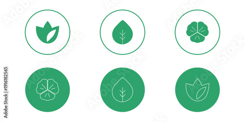 Leaf sprout icon vector set, green leaves plant eco logo symbol simple graphic illustration set, vegan fresh herb pictogram shape sign, organic natural healthy logotype image clip art.