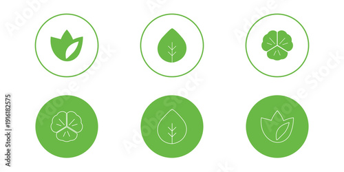 Leaf sprout icon vector set, green leaves plant eco logo symbol simple graphic illustration set, vegan fresh herb pictogram shape sign, organic natural healthy logotype image clip art.