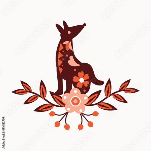 Folk Art wolf Illustration with Floral Accents. White background, isolate
