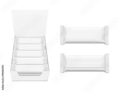 Show box blank mockup with set flow packaging for food. Vector illustration on white background. Ready for your design. EPS10.	