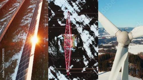 Winter collage illustrating renewable energy transition with solar panels station, wind turbine propeller and power lines. Concept of decarbonization and clean energy future.