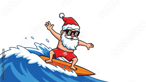 Santa claus surfing on a wave wearing sunglasses and red shorts