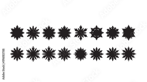 A collection of 12 unique black snowflake designs on a white background