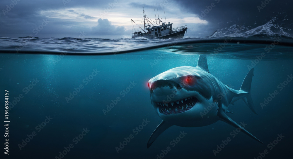 Fototapeta premium Great white shark menacing fishing boat from underwater split view