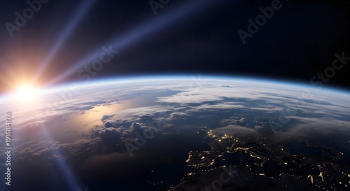 Stunning sunrise over Earth from space with vibrant clouds