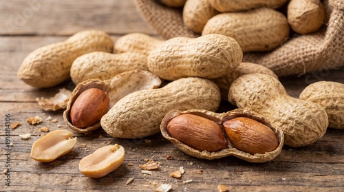 Peanuts in shells on rustic wooden surface with warm natural lighting for healthy snack advertising.