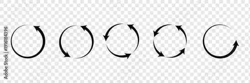 Circle arrows rotating collection on white background. Refresh, reload, recycle, loop rotation sign collection. Black circle arrows for infographics, web design. Vector illustration, design .