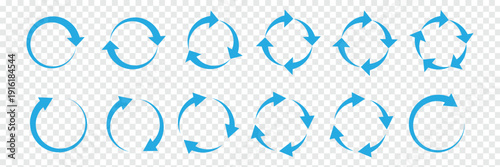Set of circle arrows rotating on white background. Refresh, reload, recycle, loop rotation sign collection. Black circle arrows for infographics, web design. Vector illustration, flat style, clip art