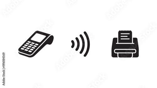 Wireless Card Reader and Receipt Printer in Simple Monochrome Design on White Background for Financial Transactions